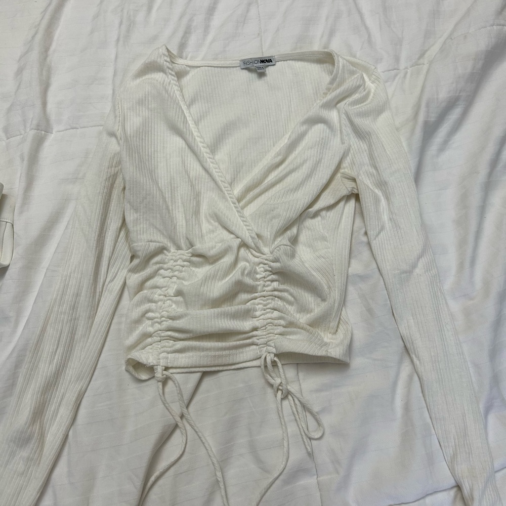 Fashion Nova White Ruched Wrap Blouse